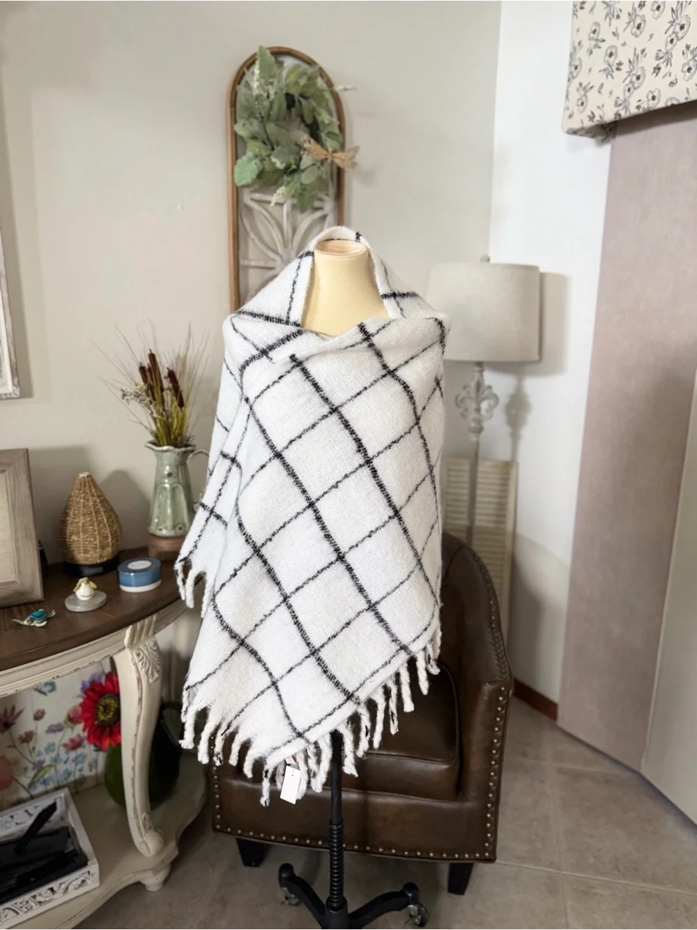 LOFT White with Black Windowpane Fringe Blanket Scarf